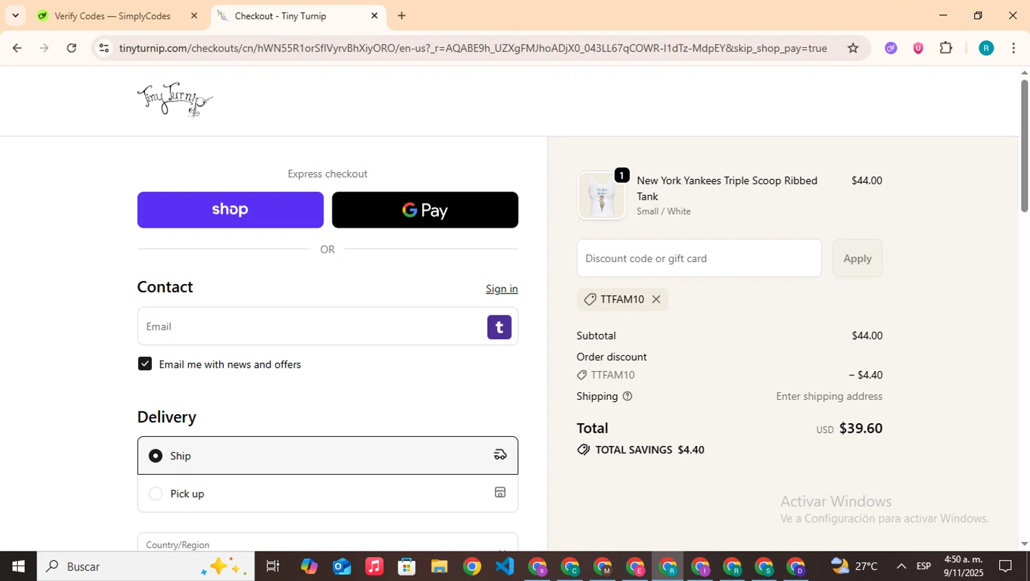 Tiny Turnip discount code screenshot showing code TTFAM10 applied at Tiny Turnip checkout page. Uploaded by SimplyCodes community member BudgetHero4407 on Nov 9, 2025