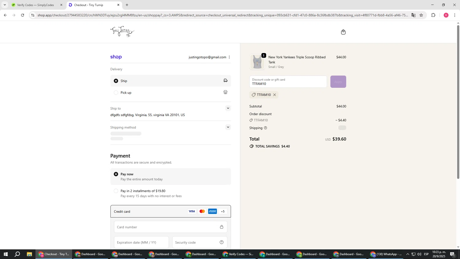 Tiny Turnip discount code screenshot showing code TTFAM10 applied at Tiny Turnip checkout page. Uploaded by SimplyCodes community member TTTT55 on Sep 21, 2025