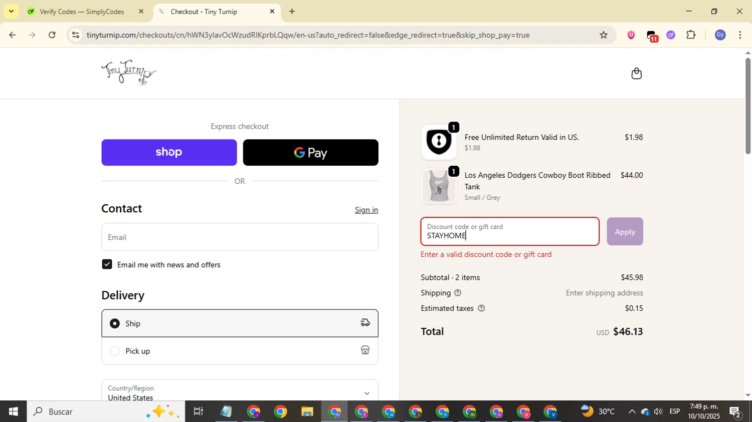 Tiny Turnip discount code screenshot showing code STAYHOME applied at Tiny Turnip checkout page. Uploaded by SimplyCodes community member FrugalOwl962 on Oct 10, 2025