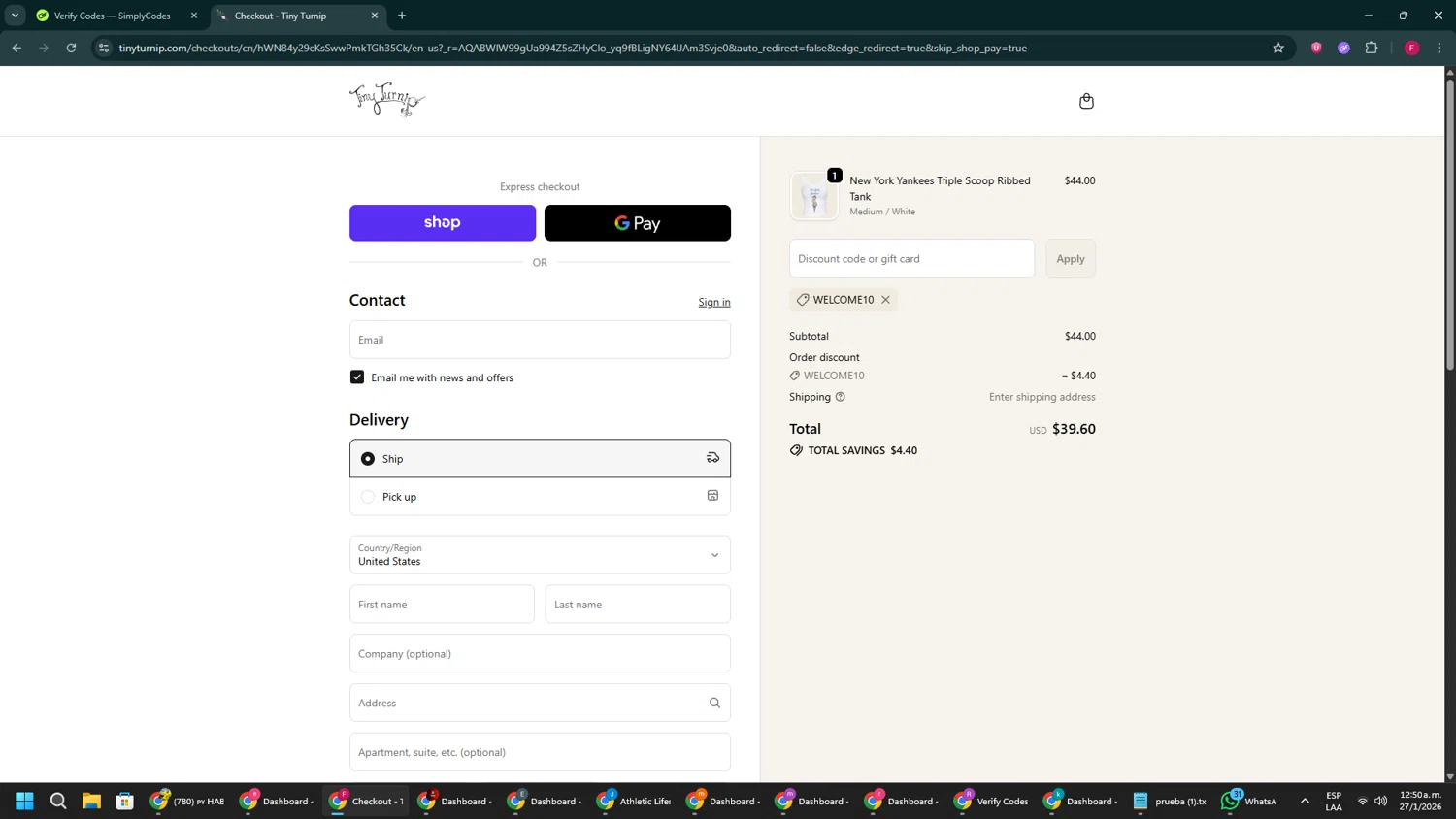 Tiny Turnip discount code screenshot showing code WELCOME10 applied at Tiny Turnip checkout page. Uploaded by SimplyCodes community member ExtraordinaryVirtuoso281 on Jan 27, 2026