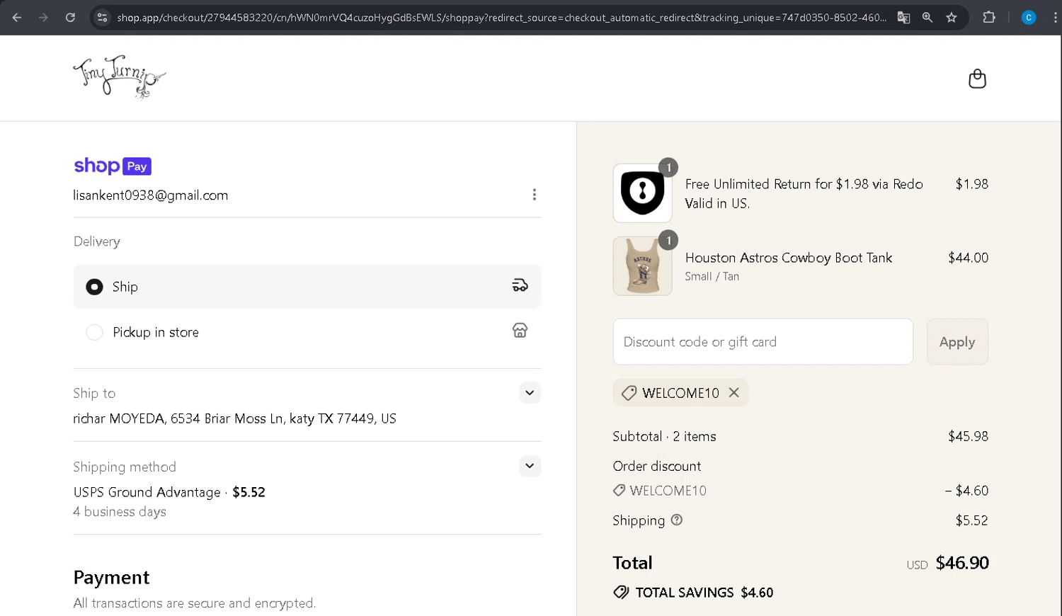 Tiny Turnip discount code screenshot showing code WELCOME10 applied at Tiny Turnip checkout page. Uploaded by SimplyCodes community member PromoBoss9319 on Jul 19, 2025