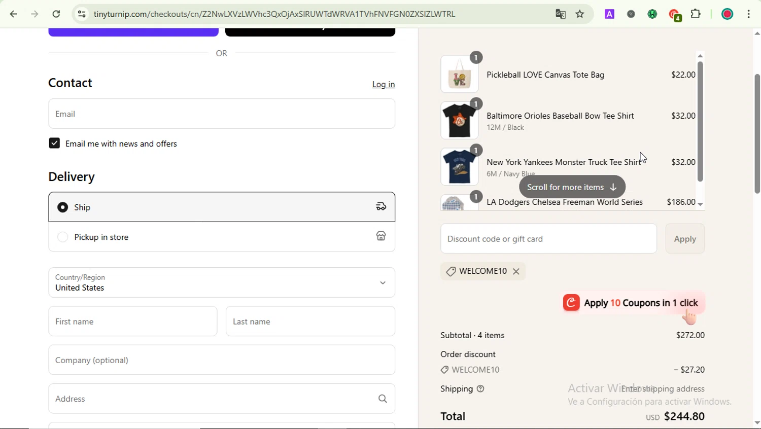 Tiny Turnip discount code screenshot showing code WELCOME10 applied at Tiny Turnip checkout page. Uploaded by SimplyCodes community member PrincessCoupon on May 9, 2025