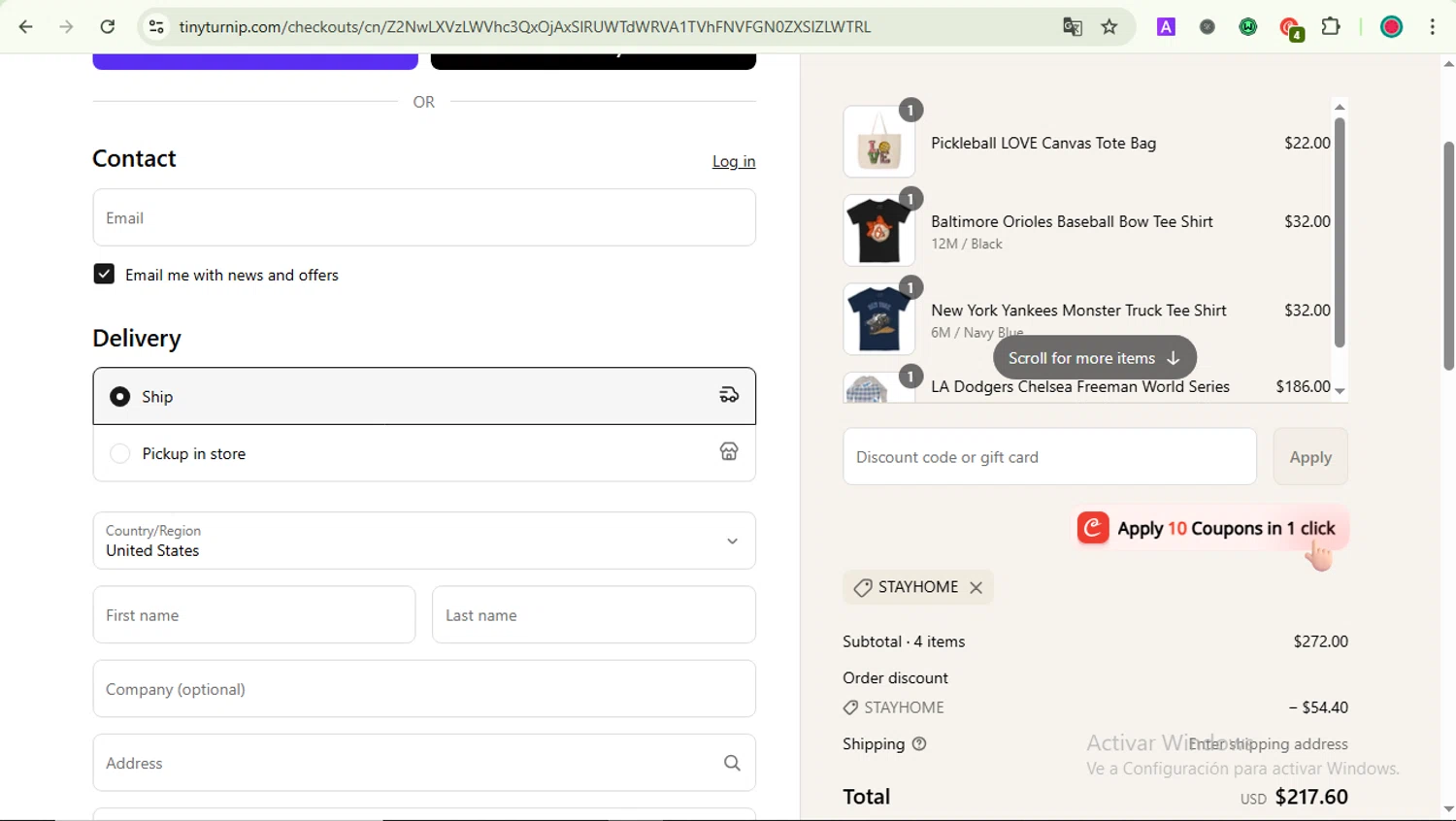 Tiny Turnip discount code screenshot showing code STAYHOME applied at Tiny Turnip checkout page. Uploaded by SimplyCodes community member PrincessCoupon on May 9, 2025