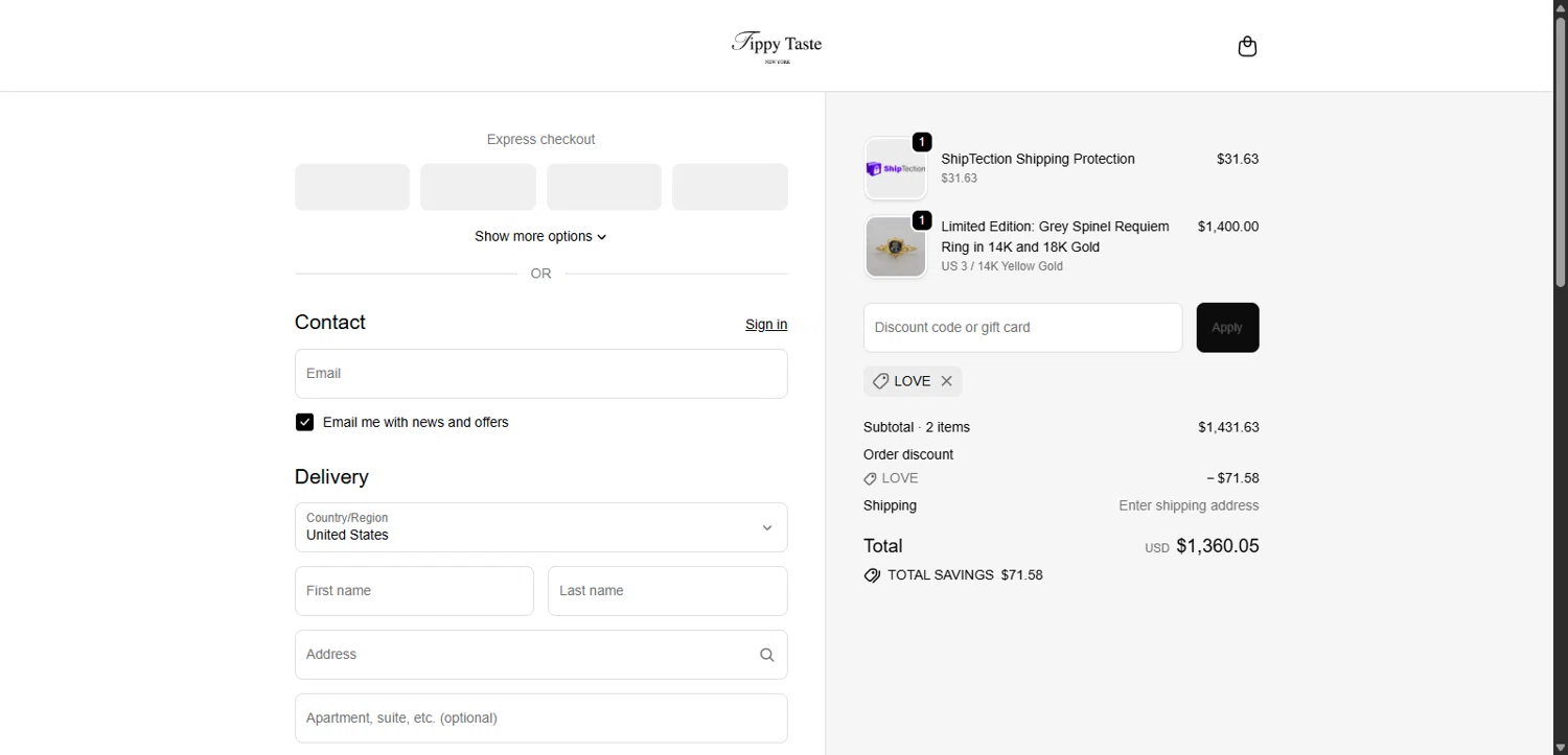 Tippy Taste Jewelry promo code screenshot showing code LOVE applied at Tippy Taste Jewelry checkout page. Uploaded by SimplyCodes community member 1323535 on Oct 21, 2025