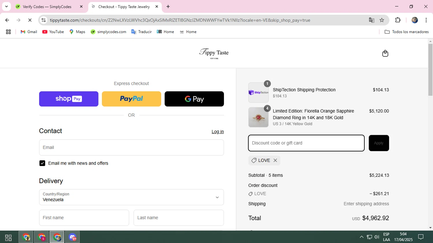 Tippy Taste Jewelry promo code screenshot showing code LOVE applied at Tippy Taste Jewelry checkout page. Uploaded by SimplyCodes community member BRBRBR on Apr 17, 2025