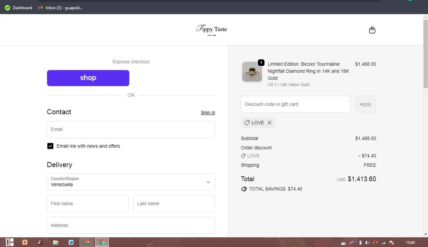 Tippy Taste Jewelry promo code screenshot showing code LOVE applied at Tippy Taste Jewelry checkout page. Uploaded by SimplyCodes community member PaticoBel on Oct 13, 2025