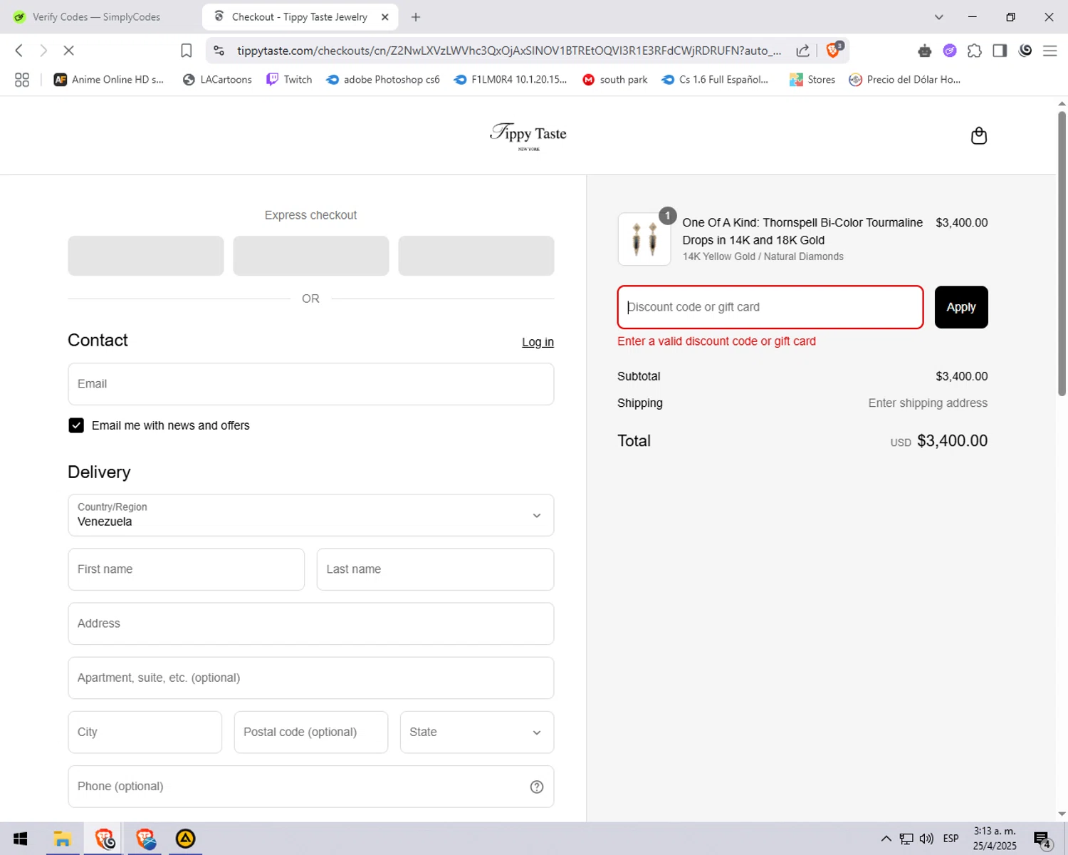 Tippy Taste Jewelry promo code screenshot showing code summer applied at Tippy Taste Jewelry checkout page. Uploaded by SimplyCodes community member explorerr_exe on Apr 25, 2025