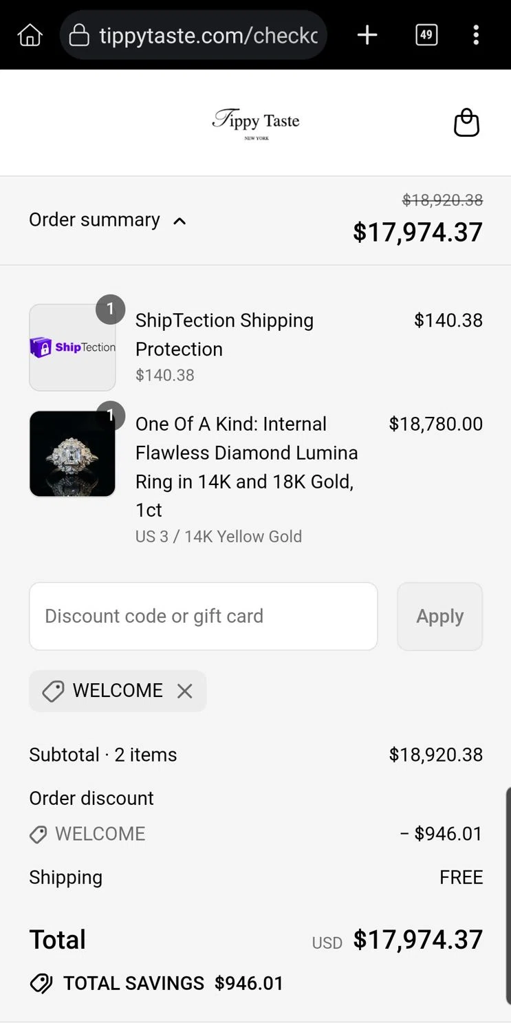 Tippy Taste Jewelry promo code screenshot showing code WELCOME applied at Tippy Taste Jewelry checkout page. Uploaded by SimplyCodes community member Carloslvz on Sep 10, 2025