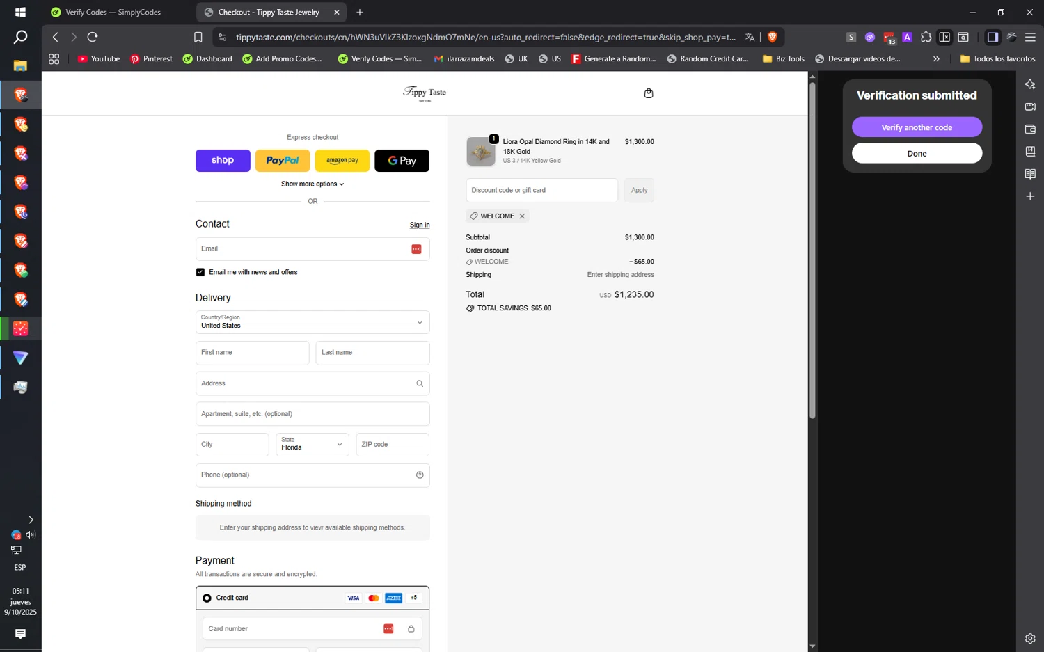 Tippy Taste Jewelry promo code screenshot showing code WELCOME applied at Tippy Taste Jewelry checkout page. Uploaded by SimplyCodes community member ilarrazaM1 on Oct 9, 2025