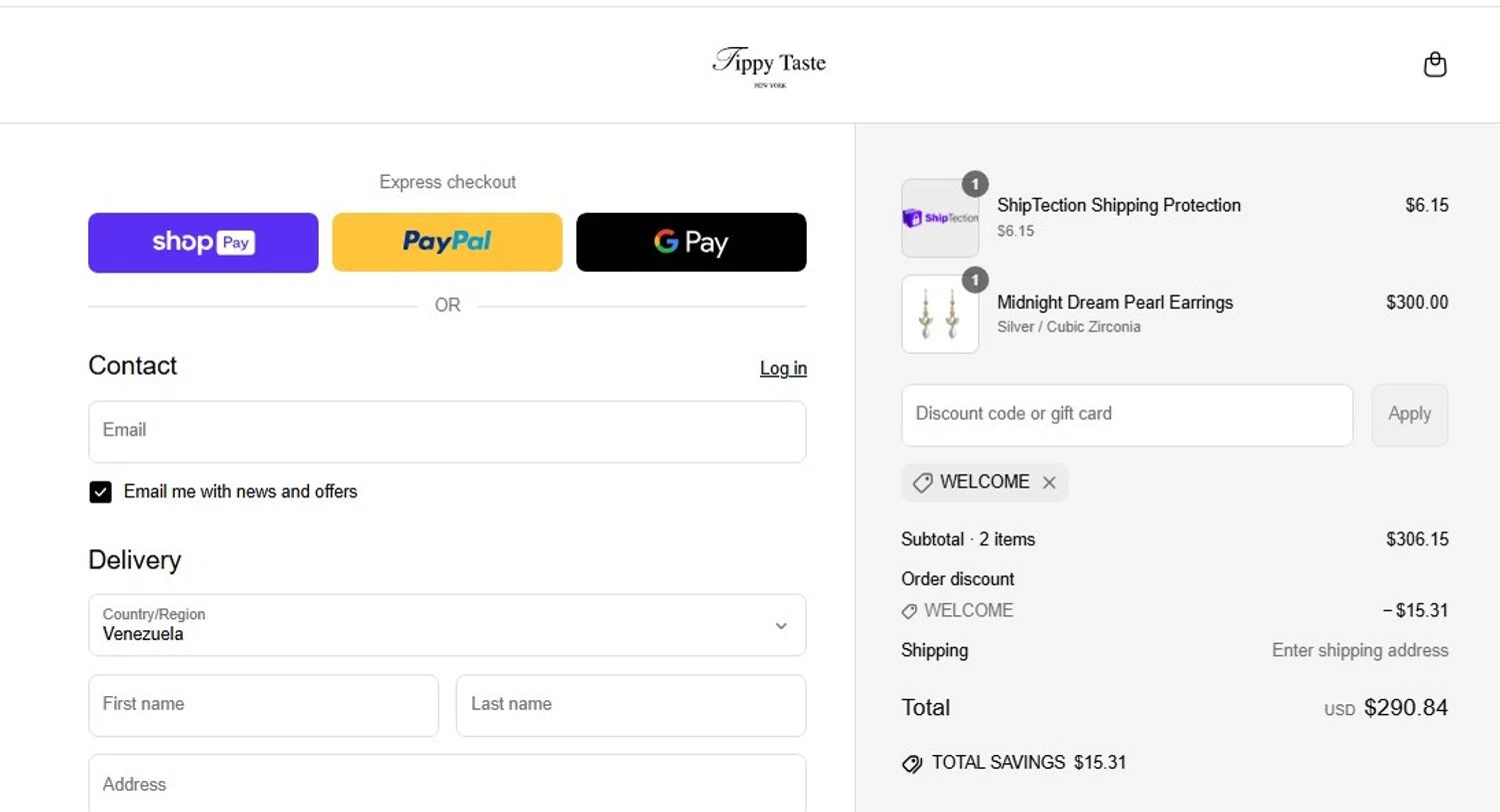 Tippy Taste Jewelry promo code screenshot showing code WELCOME applied at Tippy Taste Jewelry checkout page. Uploaded by SimplyCodes community member frankrivero on May 22, 2025