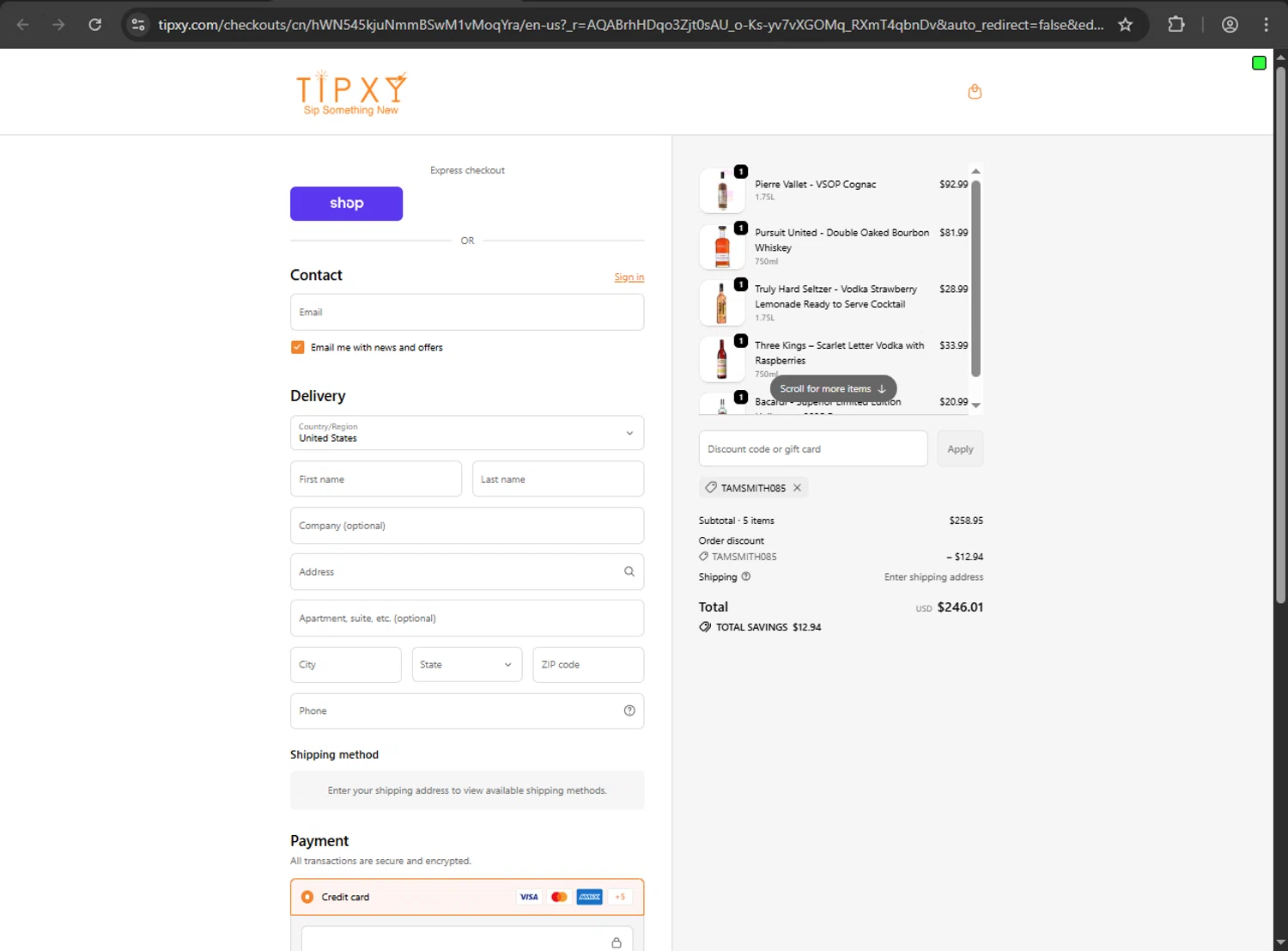 Tipxy coupon code screenshot showing code TAMSMITH085 applied at Tipxy checkout page. Uploaded by SimplyCodes community member webiwabo on Nov 8, 2025