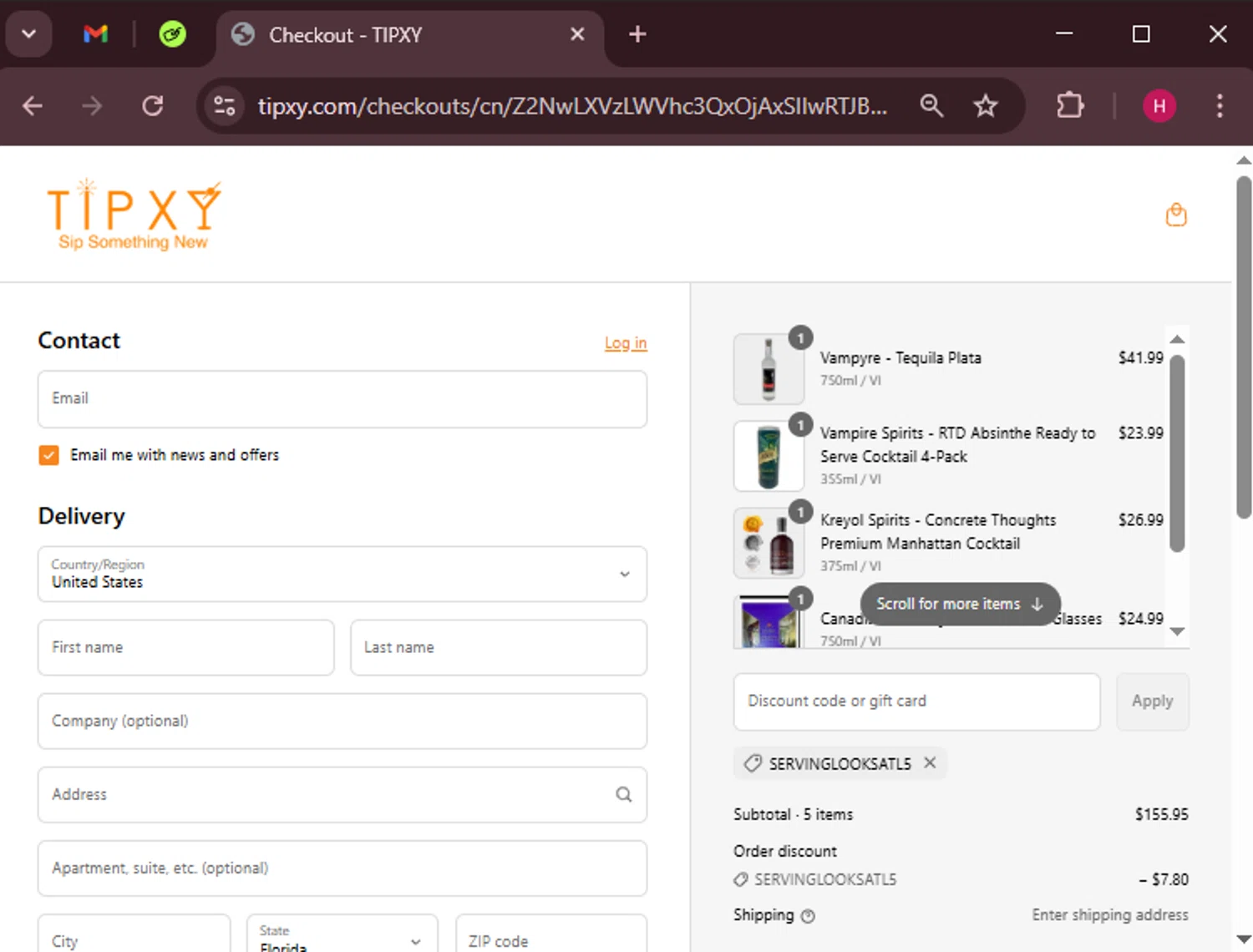 Tipxy coupon code screenshot showing code SERVINGLOOKSATL5 applied at Tipxy checkout page. Uploaded by SimplyCodes community member RewardWarden8289 on Apr 4, 2025