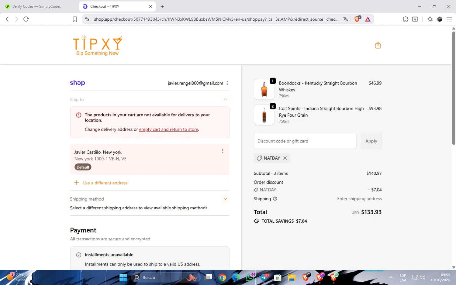 Tipxy coupon code screenshot showing code NATDAY applied at Tipxy checkout page. Uploaded by SimplyCodes community member JavierCastillo1301 on Oct 10, 2025