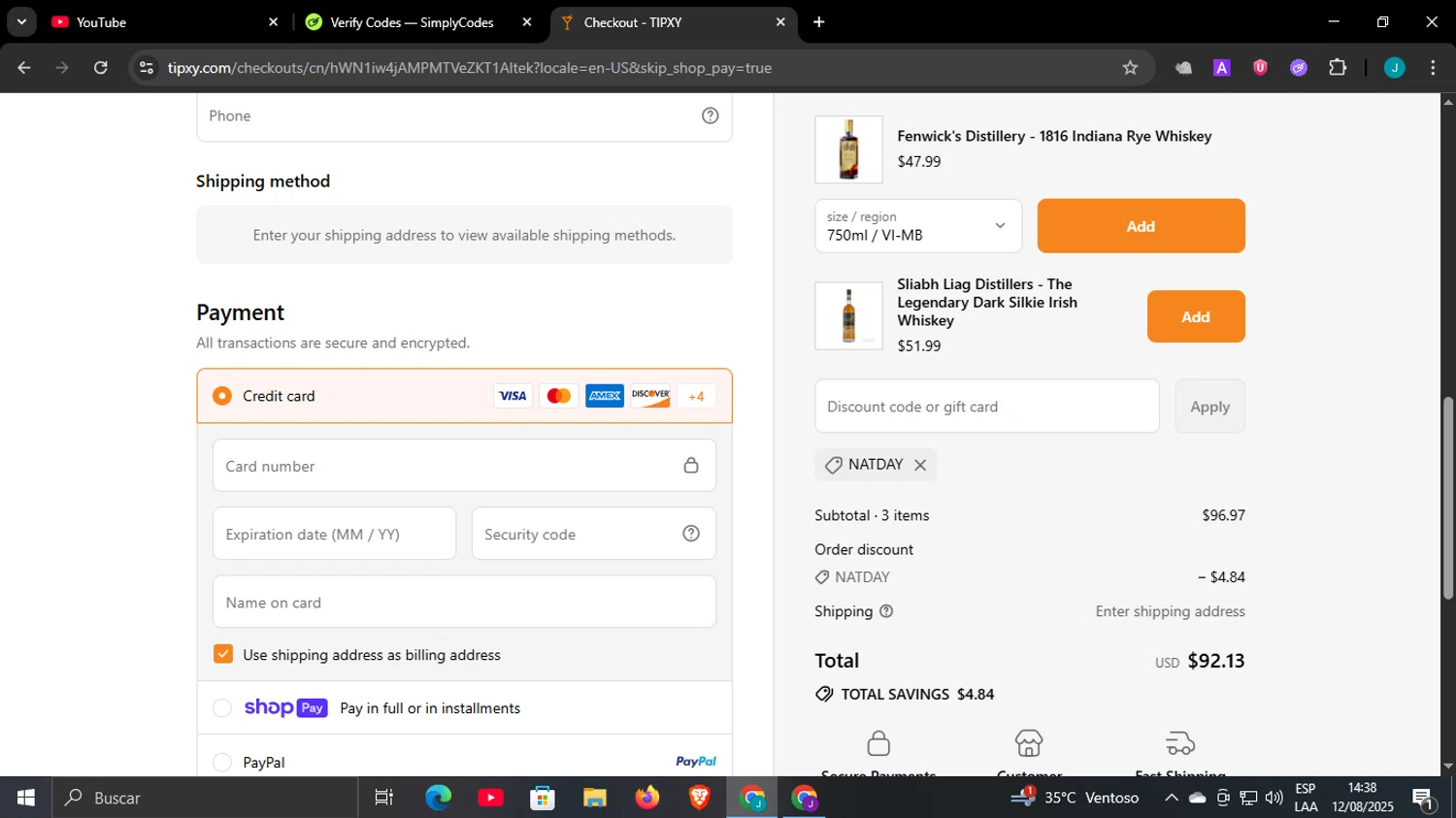 Tipxy coupon code screenshot showing code NATDAY applied at Tipxy checkout page. Uploaded by SimplyCodes community member WonderCaptain6926 on Aug 12, 2025