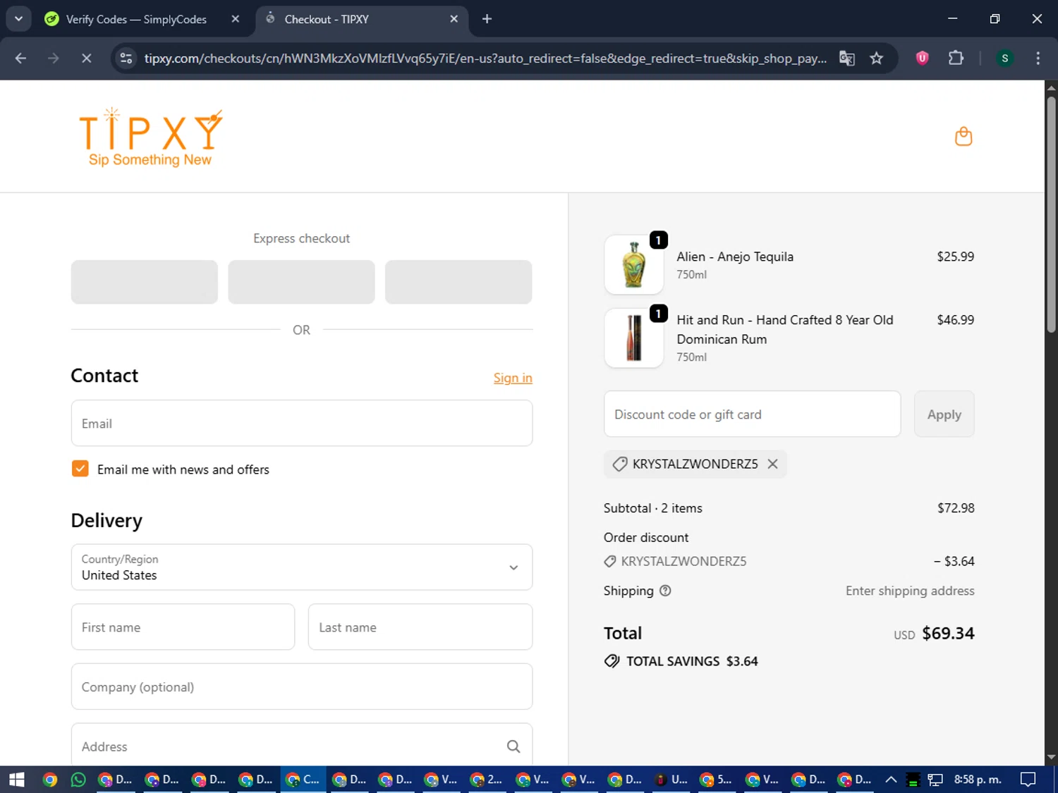 Tipxy coupon code screenshot showing code KRYSTALZWONDERZ5 applied at Tipxy checkout page. Uploaded by SimplyCodes community member lilMosey on Sep 25, 2025