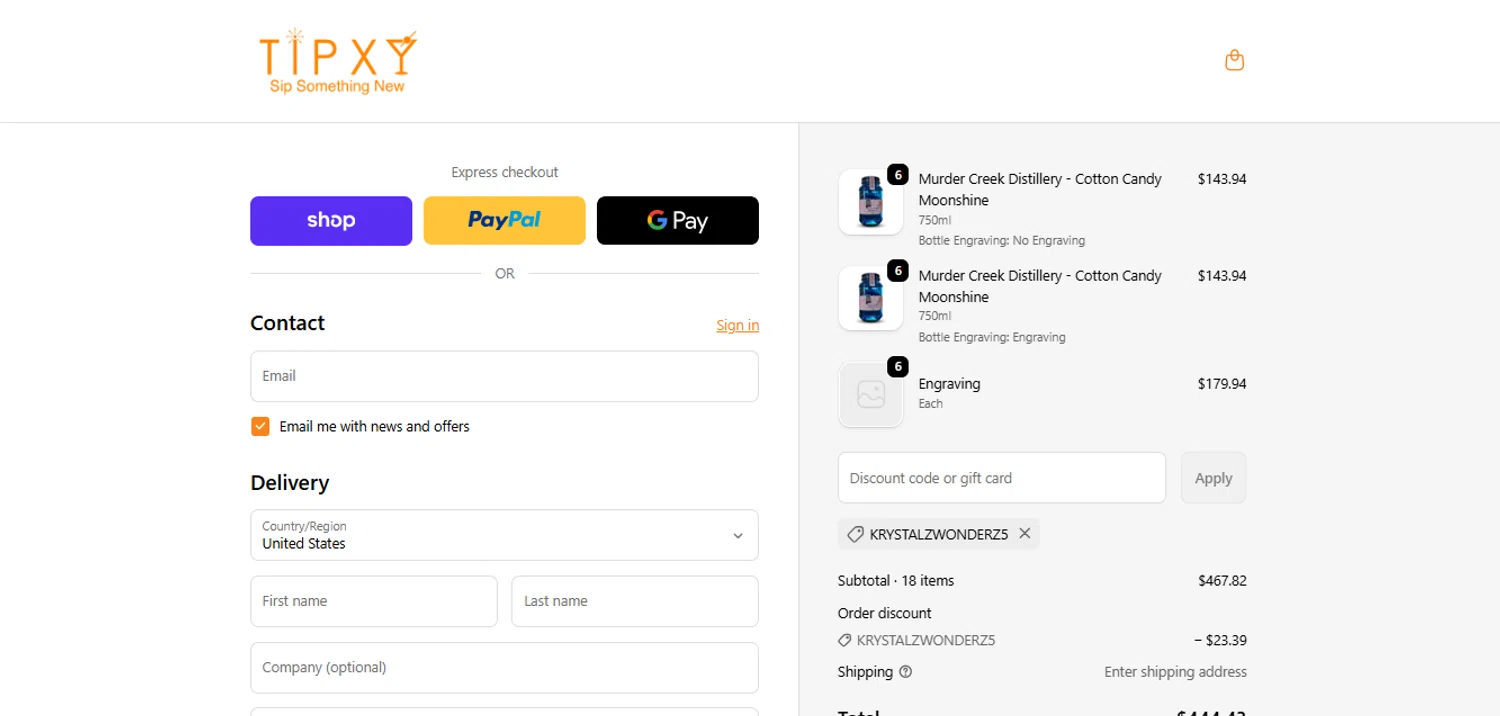 Tipxy coupon code screenshot showing code KRYSTALZWONDERZ5 applied at Tipxy checkout page. Uploaded by SimplyCodes community member tokiio on Sep 25, 2025