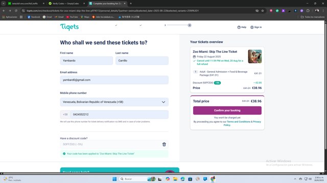 Tiqets checkout page showing Tiqets discount code box | Screenshot taken by SimplyCodes community member on Aug 18, 2025