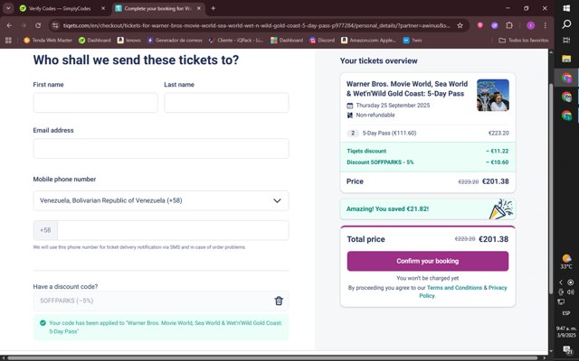Tiqets checkout page showing Tiqets discount code box | Screenshot taken by SimplyCodes community member on Sep 3, 2025