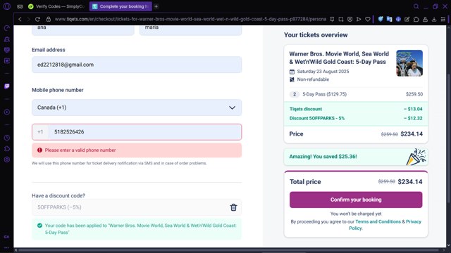 Tiqets checkout page showing Tiqets discount code box | Screenshot taken by SimplyCodes community member on Aug 18, 2025