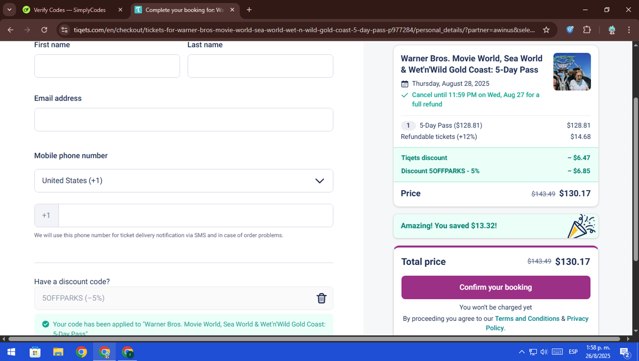 Tiqets checkout page showing Tiqets discount code box | Screenshot taken by SimplyCodes community member on Aug 26, 2025