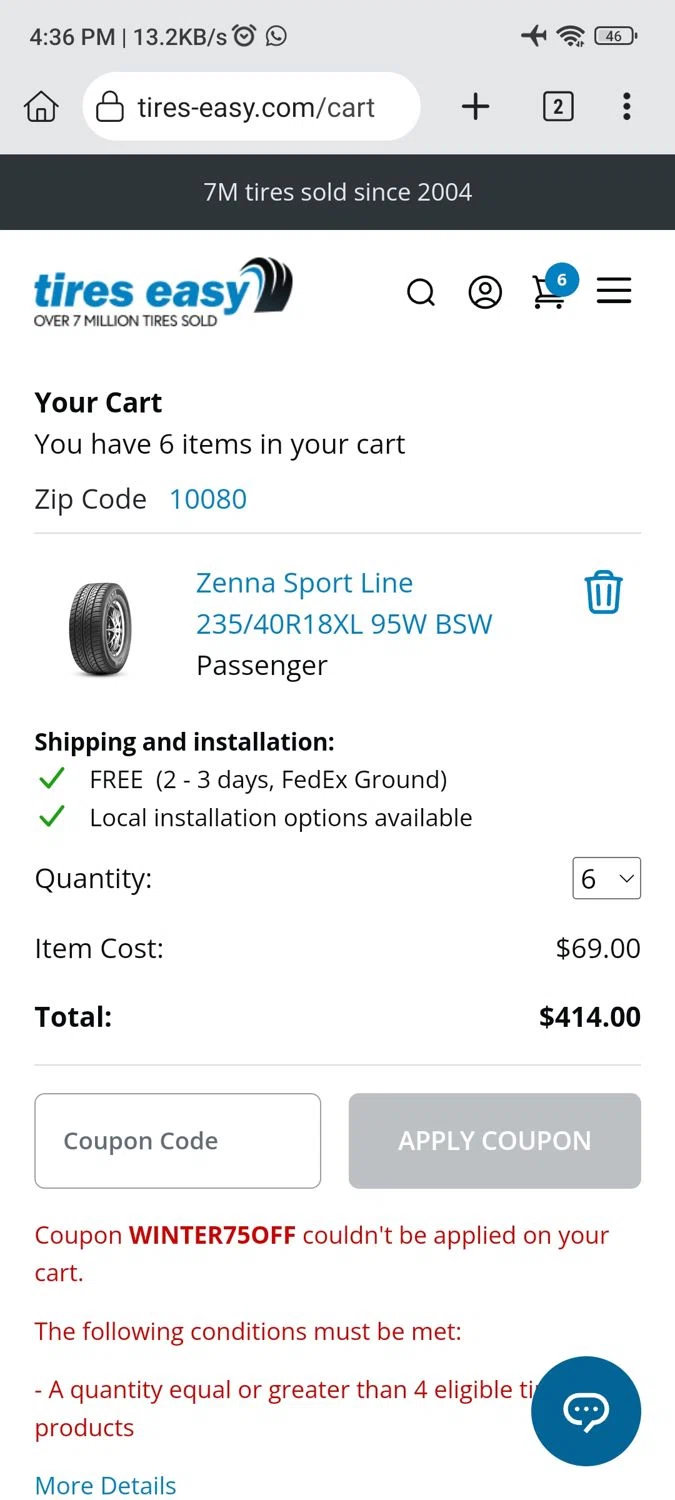 where to use Tire Easy promo code box