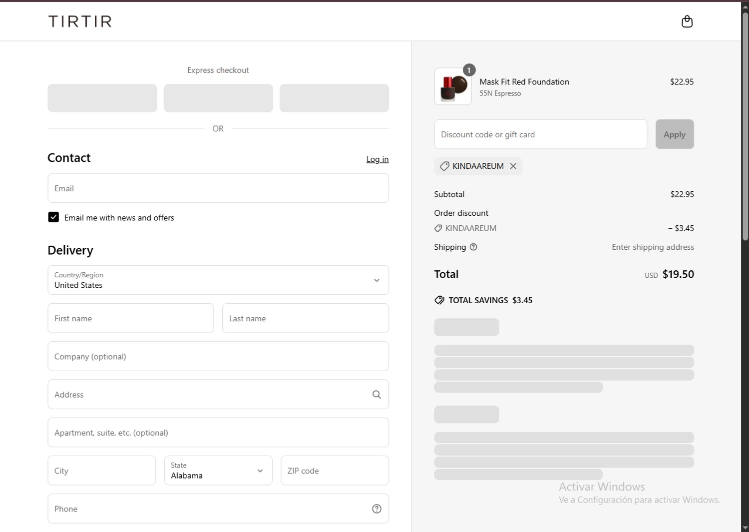 TIRTIR discount code screenshot showing code KINDAAREUM applied at TIRTIR checkout page. Uploaded by SimplyCodes community member FortunateDefender7285 on Jun 13, 2025