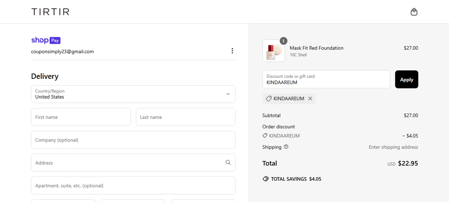 TIRTIR discount code screenshot showing code KINDAAREUM applied at TIRTIR checkout page. Uploaded by SimplyCodes community member Myrulesmagazine23 on Jun 3, 2025