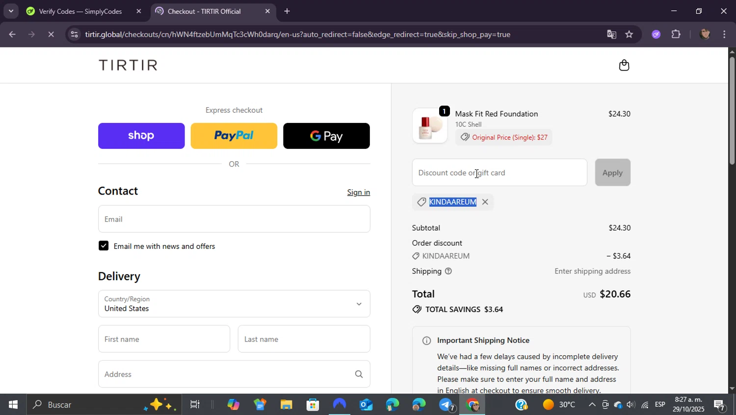 TIRTIR discount code screenshot showing code KINDAAREUM applied at TIRTIR checkout page. Uploaded by SimplyCodes community member ShieldEagle9436 on Oct 29, 2025