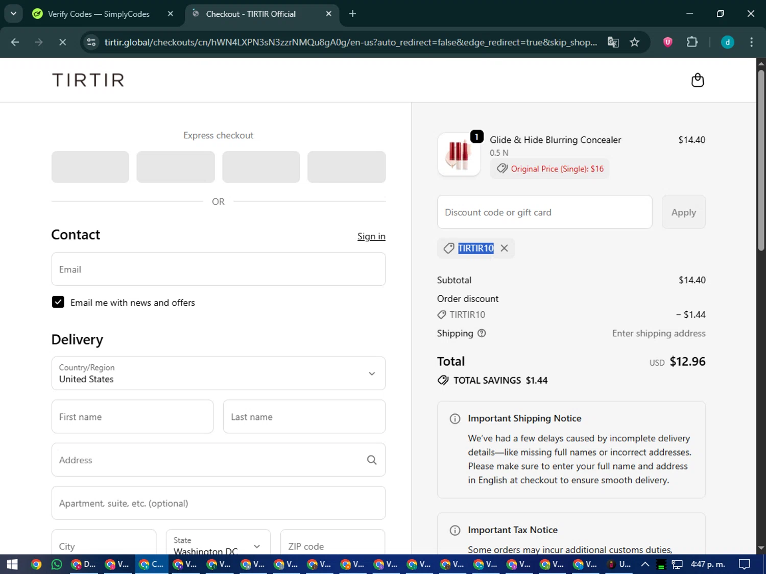 TIRTIR discount code screenshot showing code TIRTIR10 applied at TIRTIR checkout page. Uploaded by SimplyCodes community member CodeMaverick5767 on Oct 20, 2025