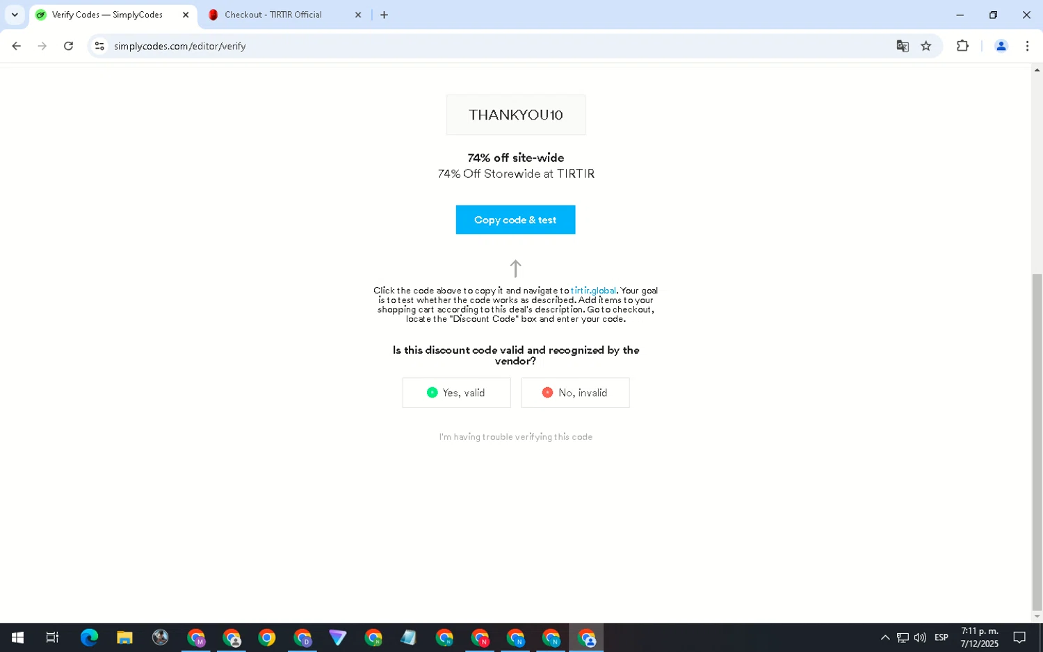 TIRTIR discount code screenshot showing code THANKYOU10 applied at TIRTIR checkout page. Uploaded by SimplyCodes community member WiseHero7115 on Dec 7, 2025