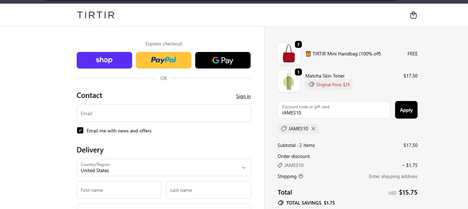 TIRTIR discount code screenshot showing code JAMES10 applied at TIRTIR checkout page. Uploaded by SimplyCodes community member ashe1986 on Sep 19, 2025