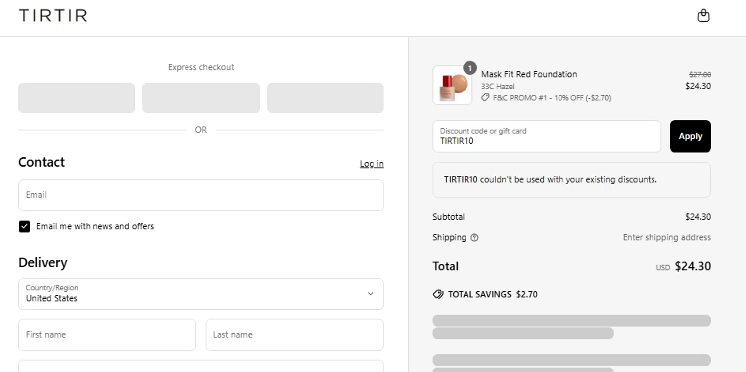 TIRTIR US promo code screenshot showing code TIRTIR10 applied at TIRTIR US checkout page. Uploaded by SimplyCodes community member CouponFox1822 on Jun 4, 2025
