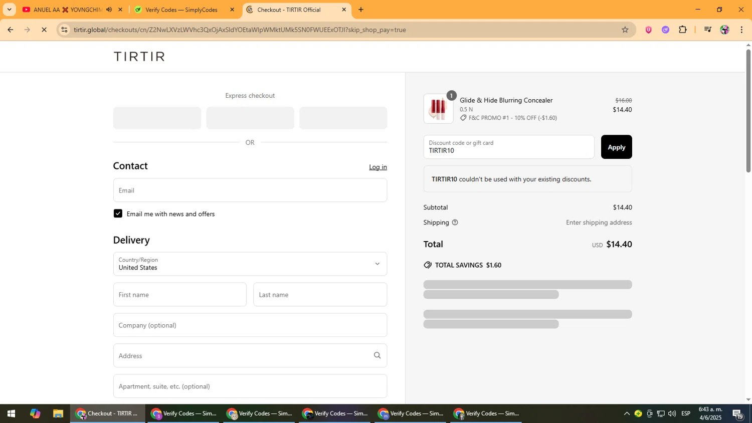 TIRTIR US promo code screenshot showing code TIRTIR10 applied at TIRTIR US checkout page. Uploaded by SimplyCodes community member Vanmanuel on Jun 4, 2025