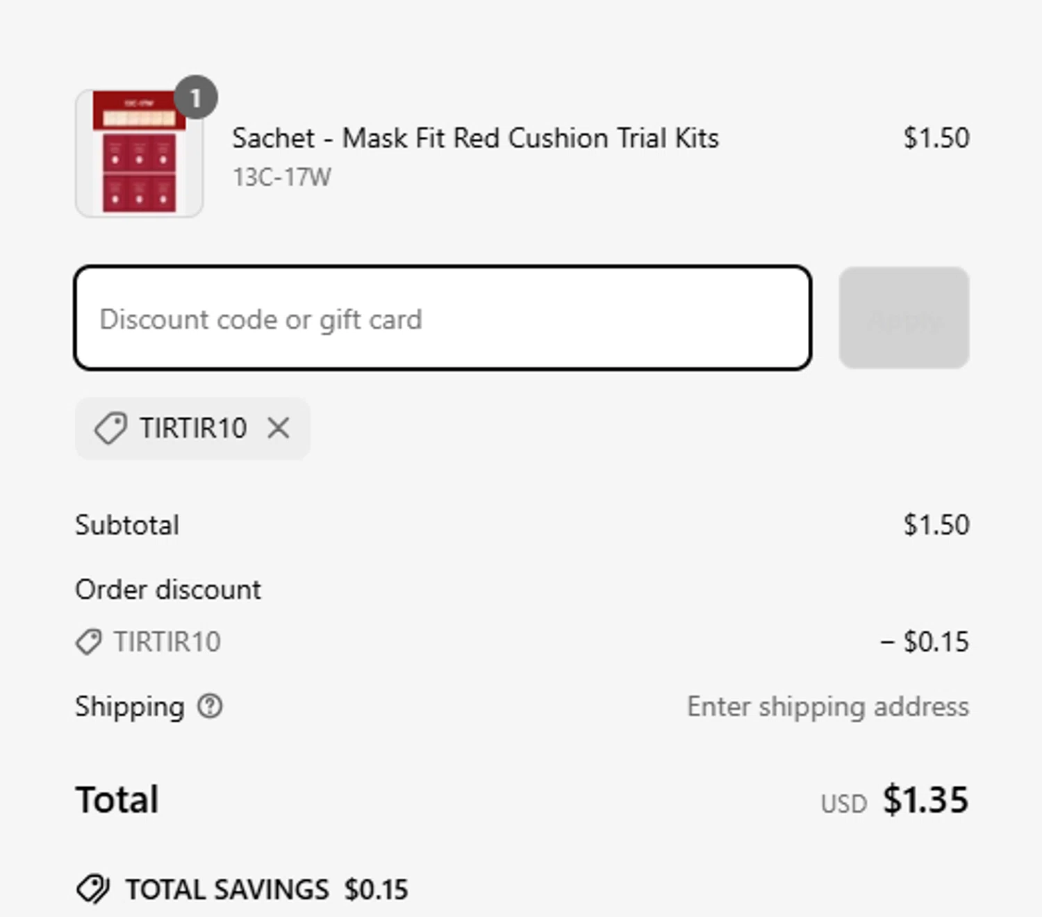 TIRTIR US promo code screenshot showing code TIRTIR10 applied at TIRTIR US checkout page. Uploaded by SimplyCodes community member MagnificentCollector7829 on Mar 25, 2025