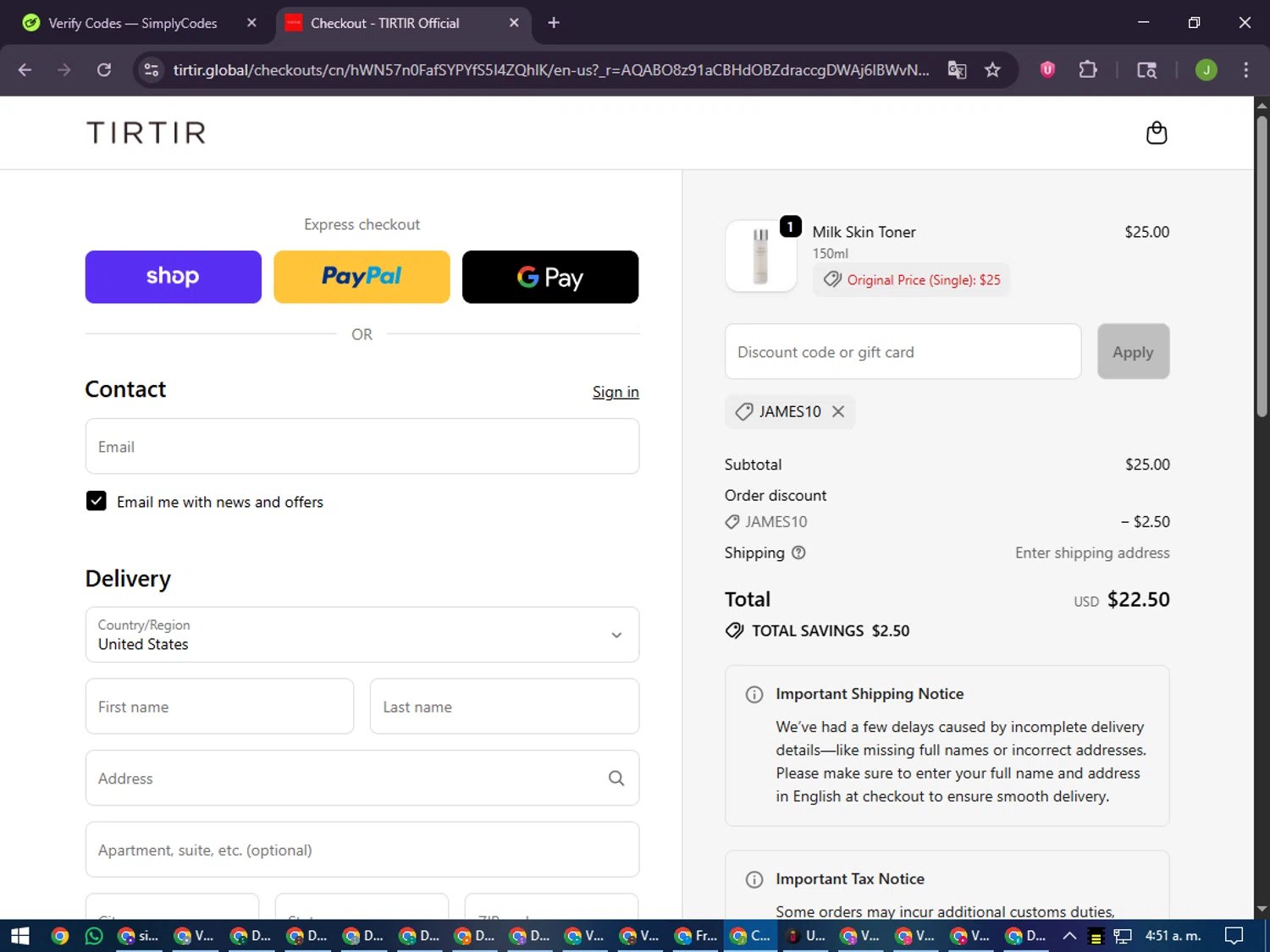 TIRTIR US promo code screenshot showing code JAMES10 applied at TIRTIR US checkout page. Uploaded by SimplyCodes community member LilBaby on Nov 10, 2025