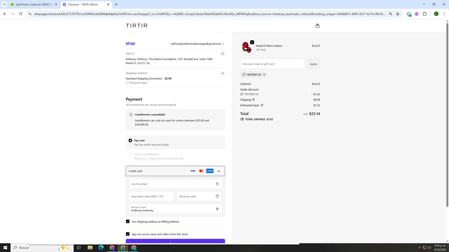 TIRTIR US promo code screenshot showing code TIRTIRBFCM applied at TIRTIR US checkout page. Uploaded by SimplyCodes community member AnthonyGTX on Dec 3, 2025