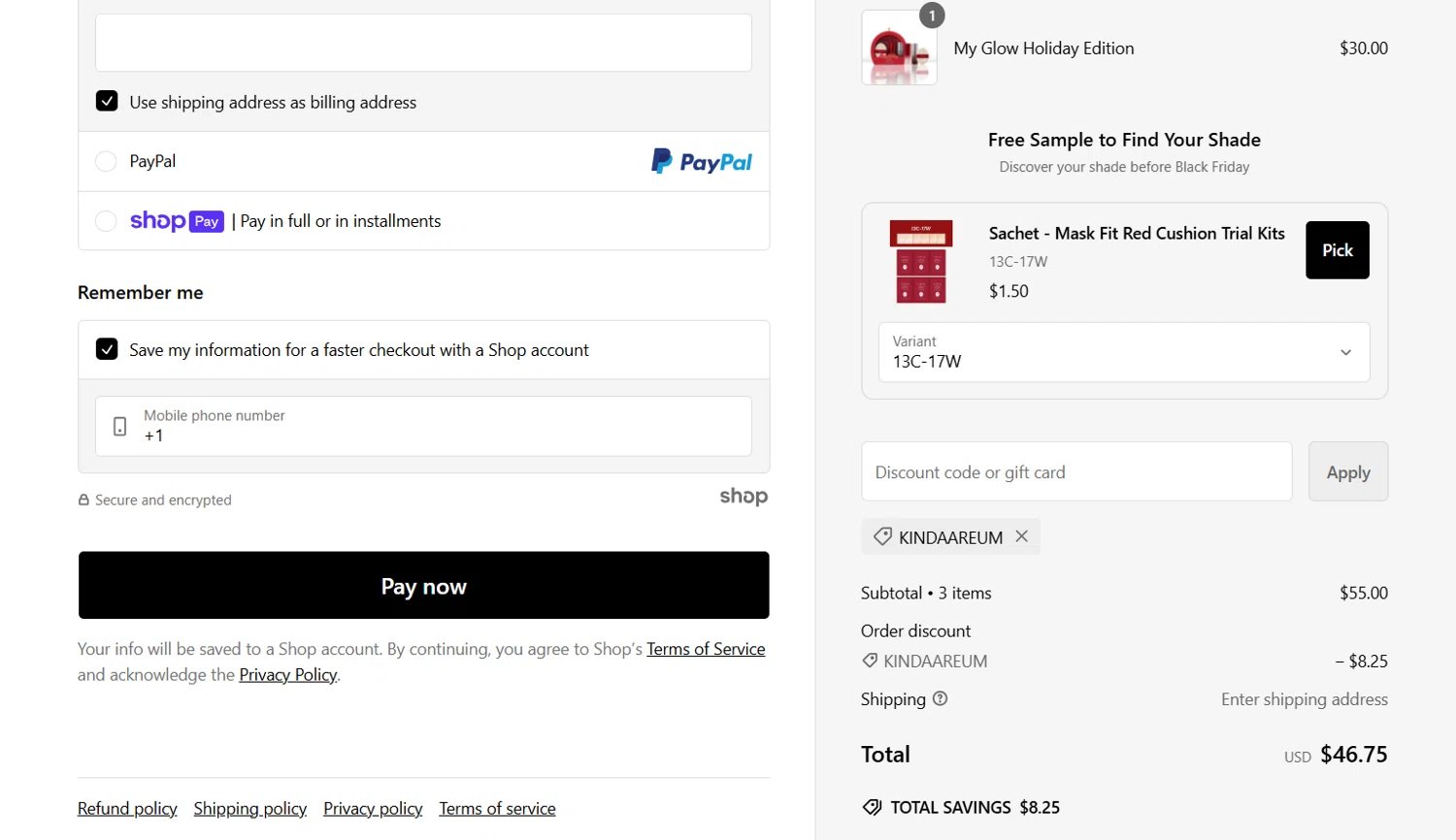 TIRTIR US promo code screenshot showing code KINDAAREUM applied at TIRTIR US checkout page. Uploaded by SimplyCodes community member jade5416625024720 on Nov 19, 2024