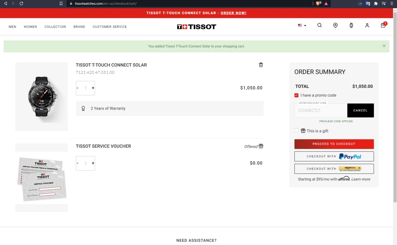Tissot Watches checkout page showing Tissot Watches coupon code box | Screenshot taken by SimplyCodes community member on Nov 15, 2021