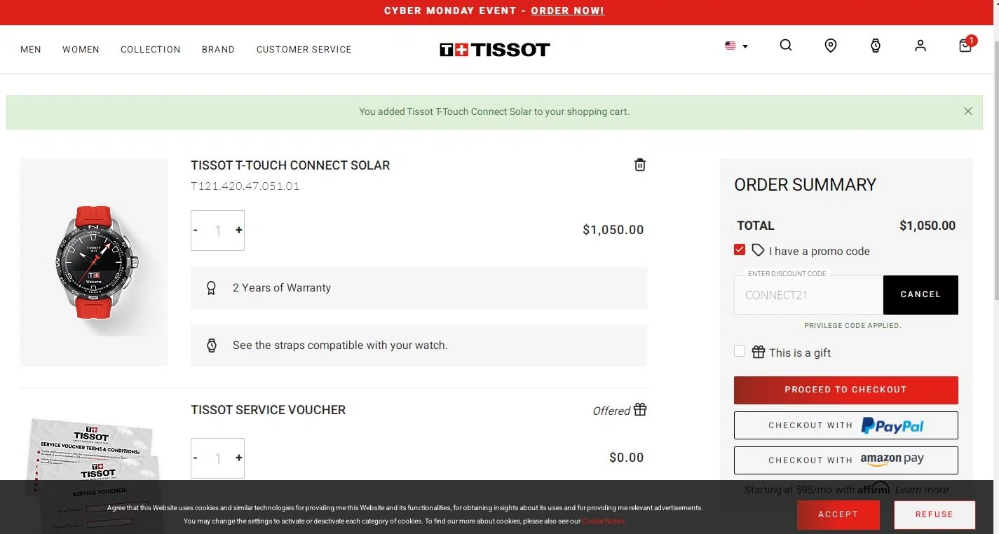 Tissot Watches checkout page showing Tissot Watches coupon code box | Screenshot taken by SimplyCodes community member on Nov 29, 2021