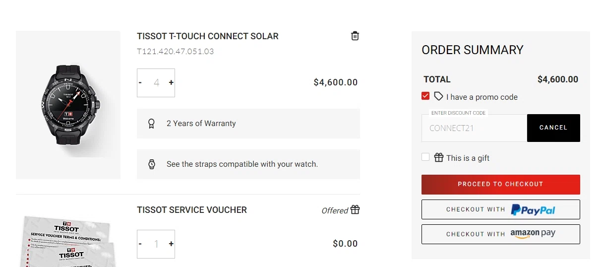 Tissot Watches checkout page showing Tissot Watches coupon code box | Screenshot taken by SimplyCodes community member on Feb 1, 2022