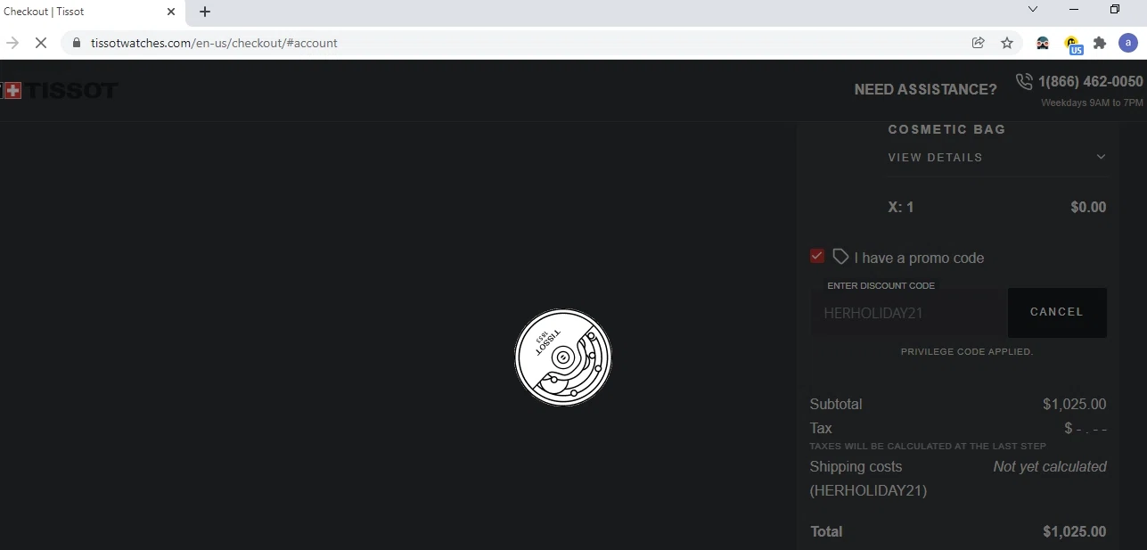 Tissot Watches checkout page showing Tissot Watches coupon code box | Screenshot taken by SimplyCodes community member on Dec 20, 2021