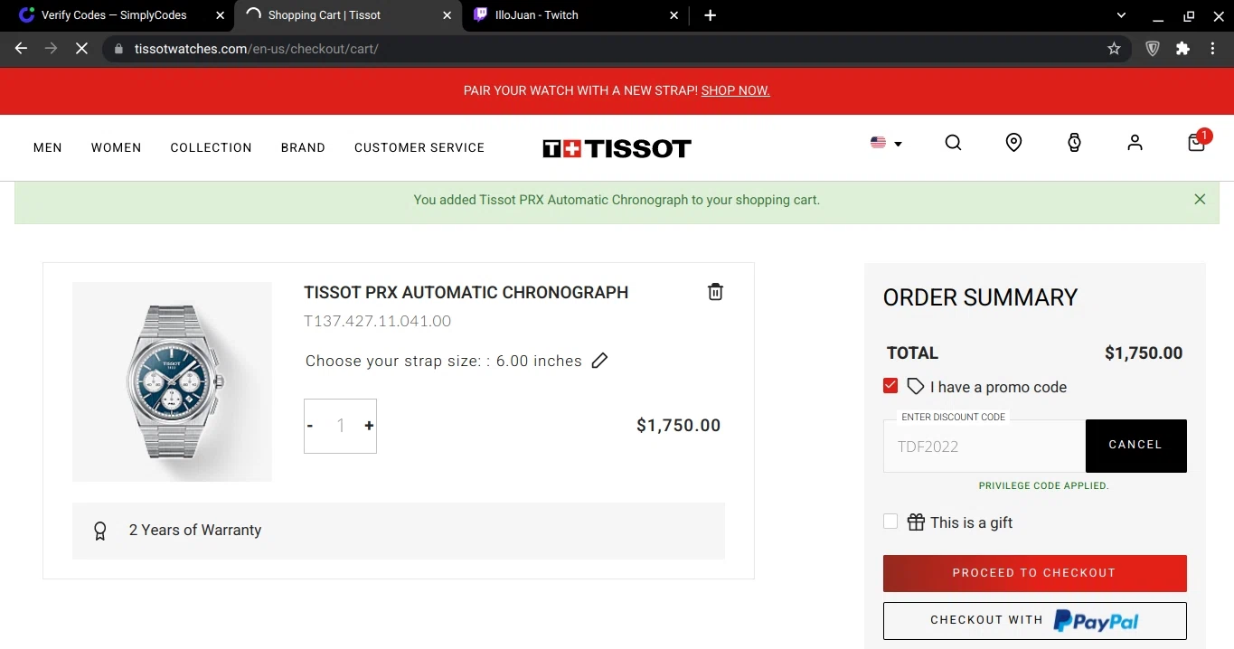 Tissot Watches checkout page showing Tissot Watches coupon code box | Screenshot taken by SimplyCodes community member on Jul 24, 2022
