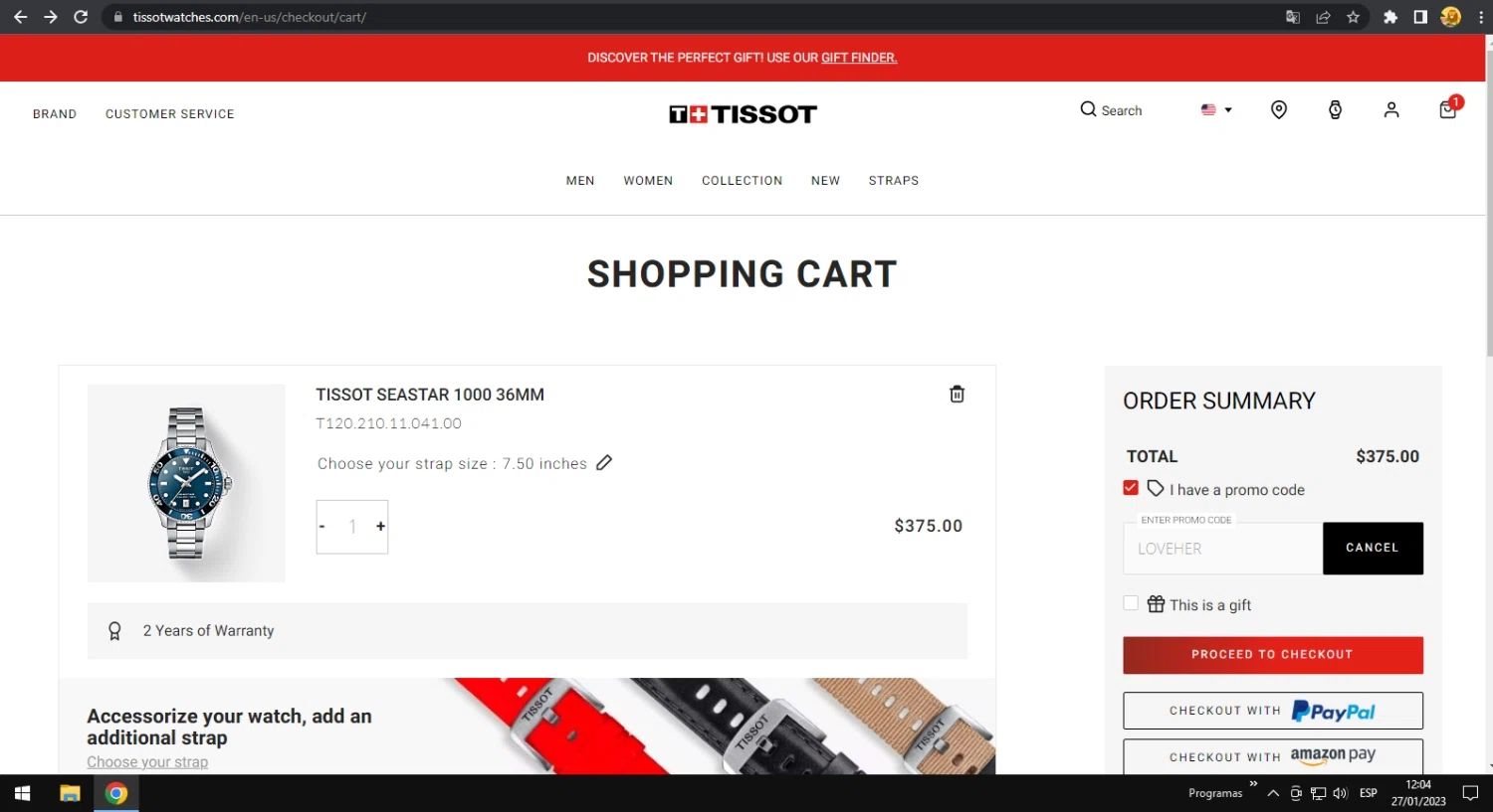 Tissot Watches checkout page showing Tissot Watches coupon code box | Screenshot taken by SimplyCodes community member on Jan 27, 2023