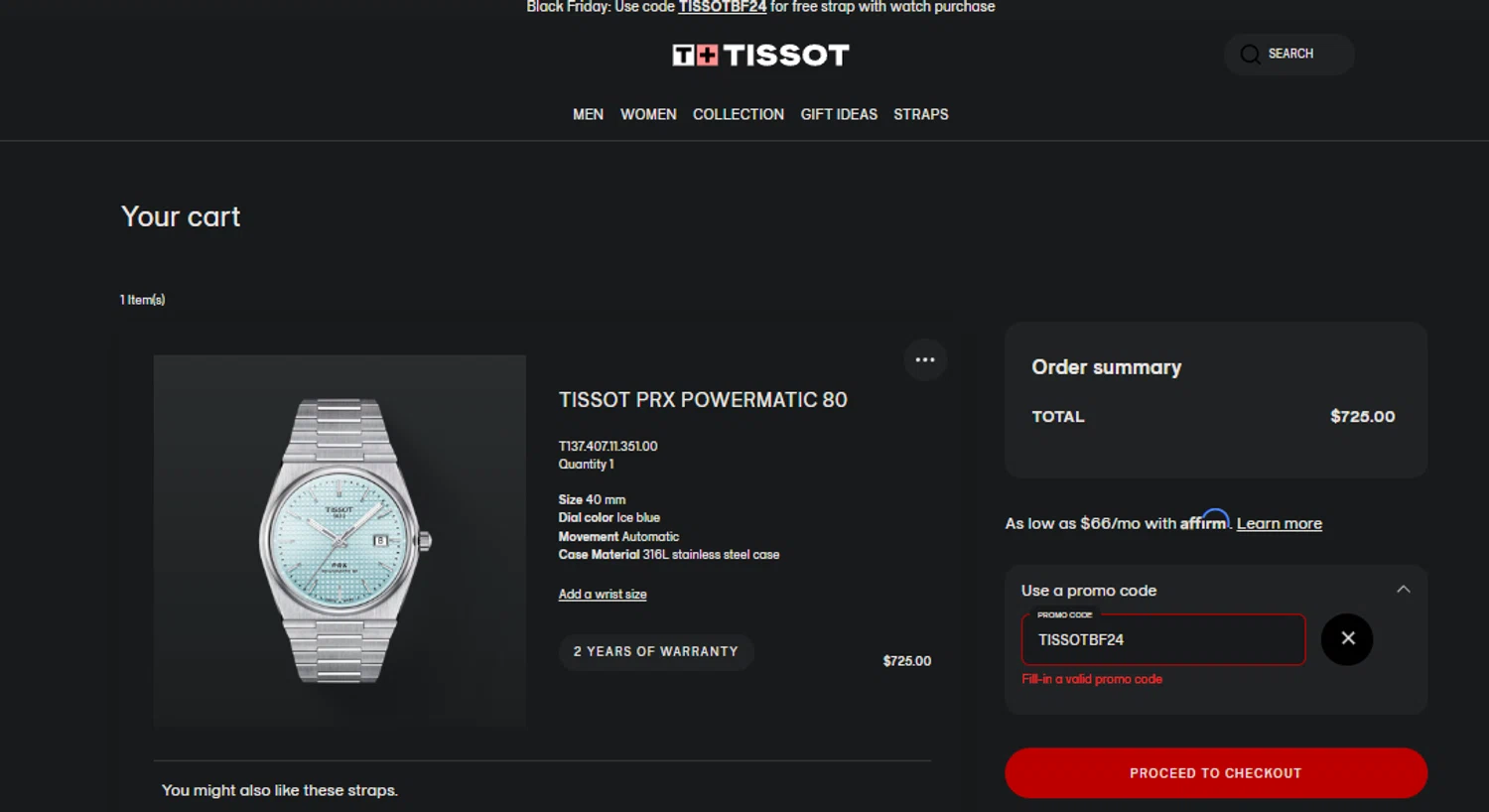 Tissot Watches checkout page showing Tissot Watches coupon code box | Screenshot taken by SimplyCodes community member on Nov 25, 2024