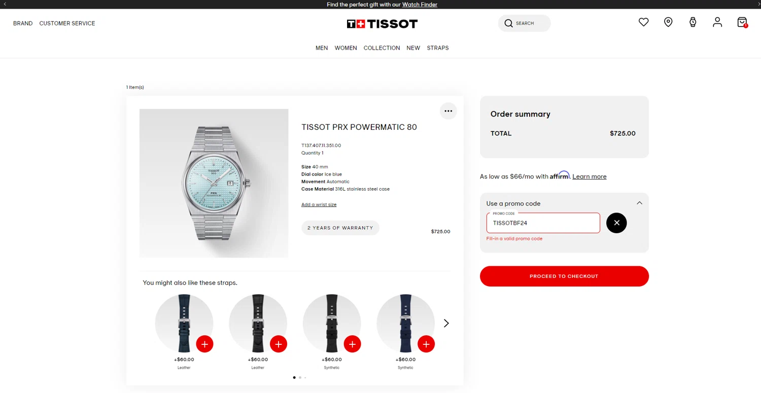 Tissot Watches coupon code screenshot showing code TISSOTBF24 applied at Tissot Watches checkout page. Uploaded by SimplyCodes community member ThriftyScout2507 on Feb 2, 2025