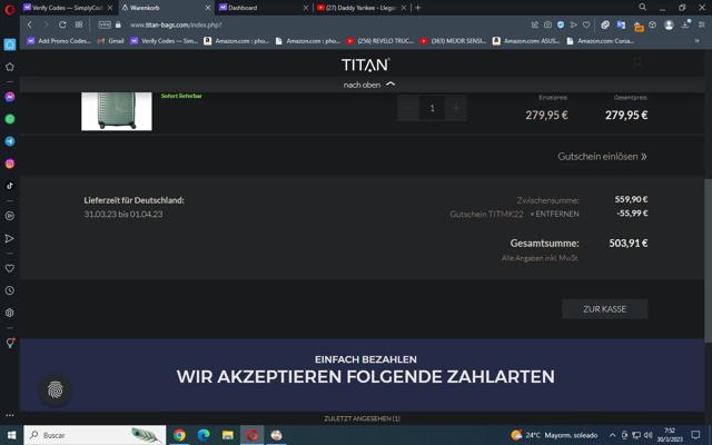 TITAN SHOP checkout page showing TITAN SHOP coupon code box | Screenshot taken by SimplyCodes community member on Mar 30, 2023