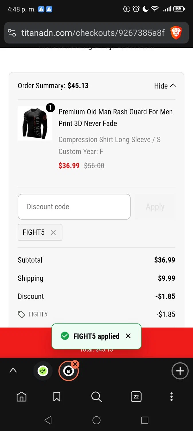TitanADN promo code screenshot showing code FIGHT5 applied at TitanADN checkout page. Uploaded by SimplyCodes community member Minatonamekaze on Nov 3, 2025