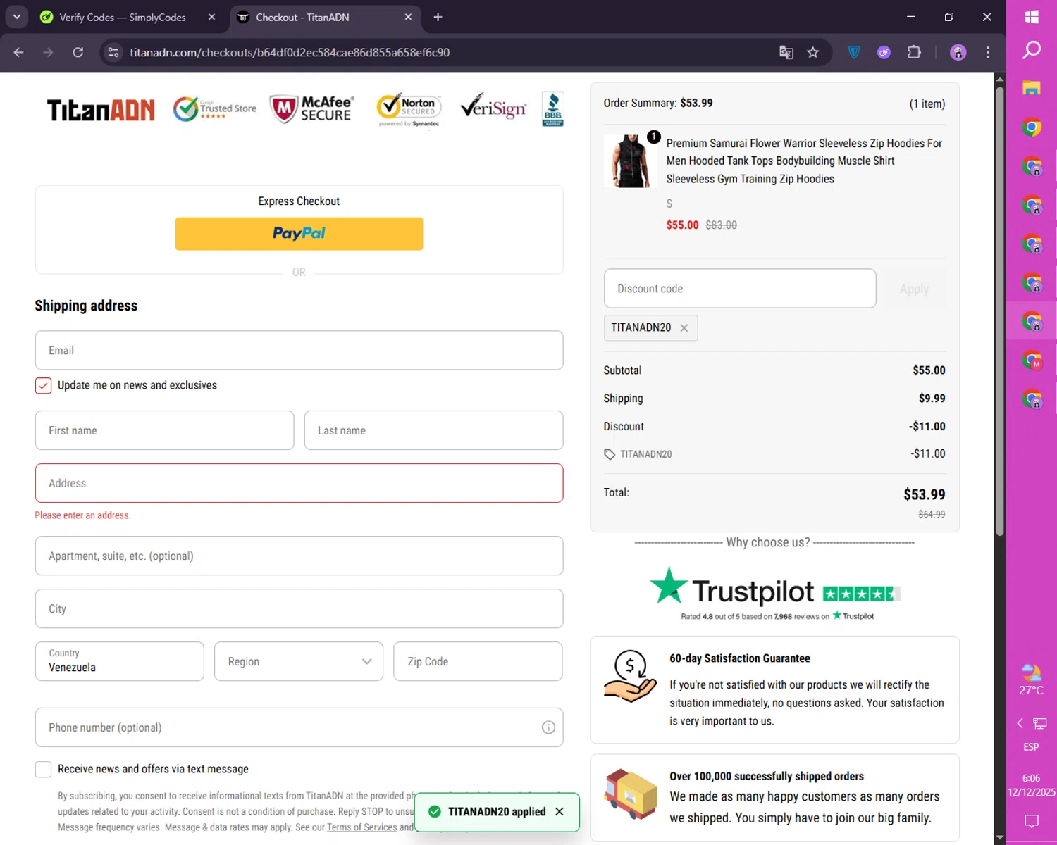 TitanADN promo code screenshot showing code TITANADN20 applied at TitanADN checkout page. Uploaded by SimplyCodes community member SmartLion1183 on Dec 12, 2025