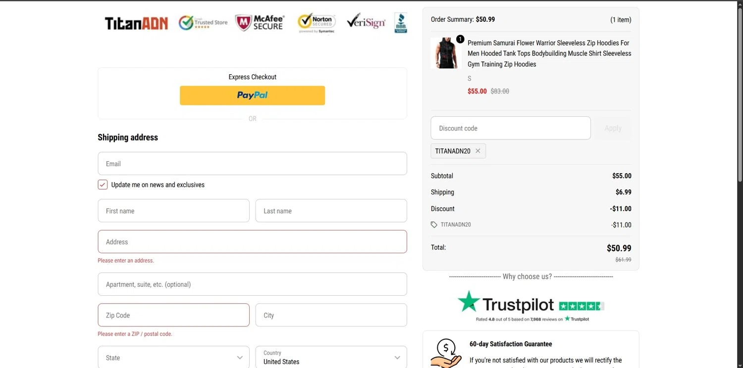 TitanADN promo code screenshot showing code TITANADN20 applied at TitanADN checkout page. Uploaded by SimplyCodes community member Depressive on Nov 13, 2025