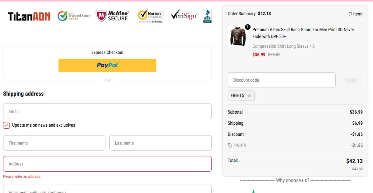 TitanADN promo code screenshot showing code FIGHT5 applied at TitanADN checkout page. Uploaded by SimplyCodes community member salepmigajera on Oct 5, 2025
